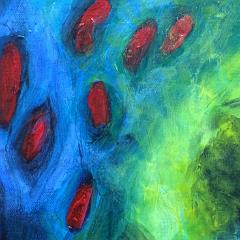 Blue and green abstract painting with red dots