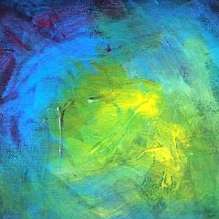 Blue, green, and yellow abstract acrylic painting