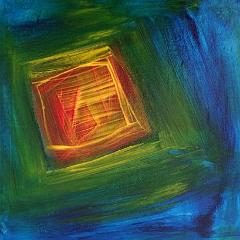 Blue green yellow and red squares abstract painting early draft