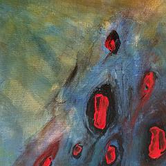 Green and blue with red dots abstract painting early draft