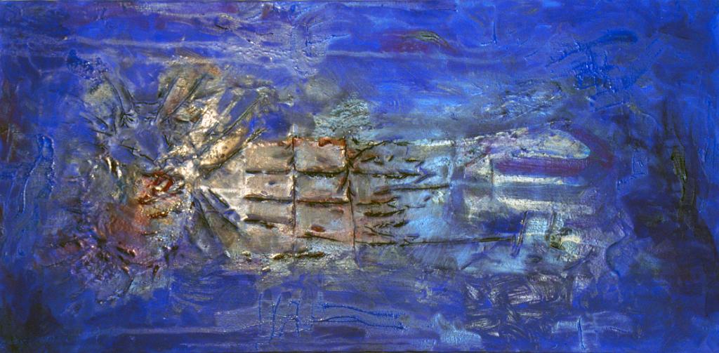 Abstract oil paintings photograph. Extremely textured oil on stretched canvas, maybe 12x36 inches. Lines are scratched into the paint.