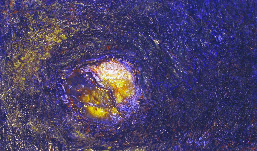 Abstract oil paintings photograph. A very thick, mottled oil painting, maybe 6x12 inches, with a piece of plexiglass in the center. It reminds me of a volcano.