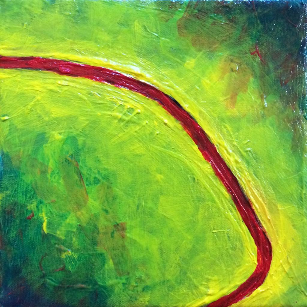 Abstract acrylic paintings photograph. 8x8 inches on stretched canvas. A red road through a green and yellow field. 