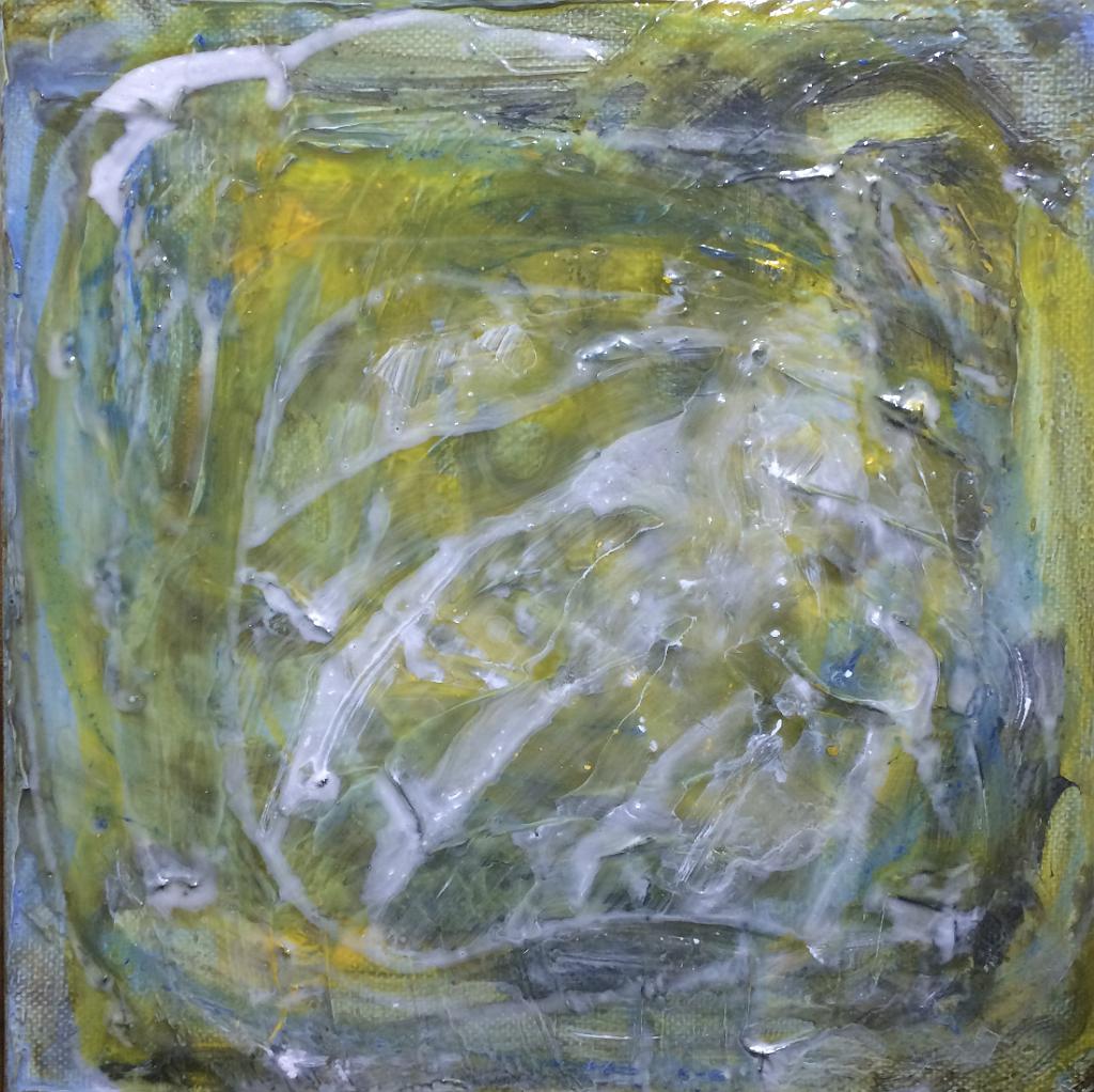 early draft of a green yellow and red abstract acrylic painting