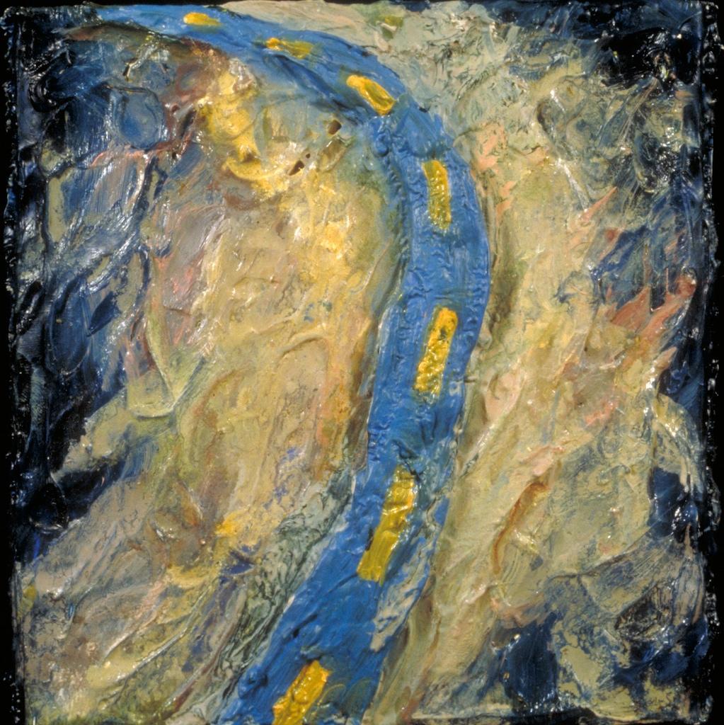 Abstract oil paintings photograph. 5x5 inches oil on wood. I painted a thick blue road in the middle of a small square. 