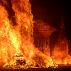 The temple, burning