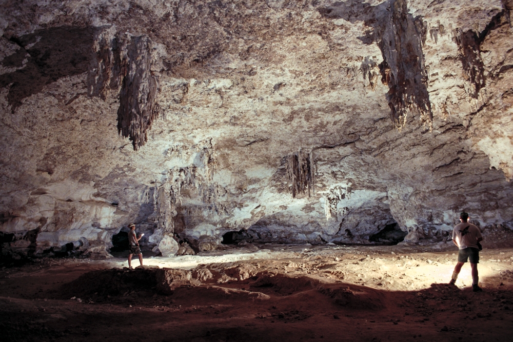 Mona Island Caves, Puerto Rico photograph. Mona Island large room with stalactites. Each caver is holding a light. It was warm enough and the rooms were big enough that we didn't require a cave suit.