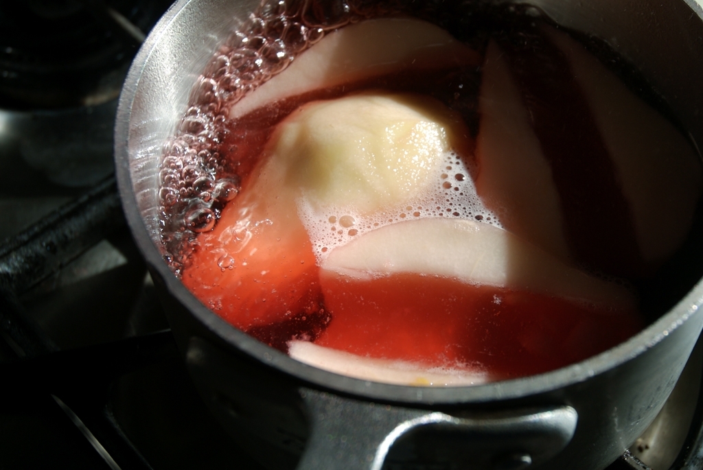 Food photograph. My friends invited me over for Thanksgiving. They were cooking some sort of pear in wine reduction. 