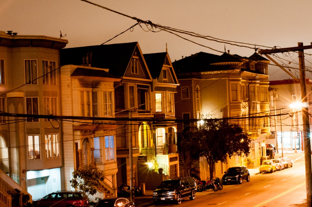San Francisco, California photograph. This looks like Haight-Ashbury but it could be any street. The Victorian houses are beautiful.